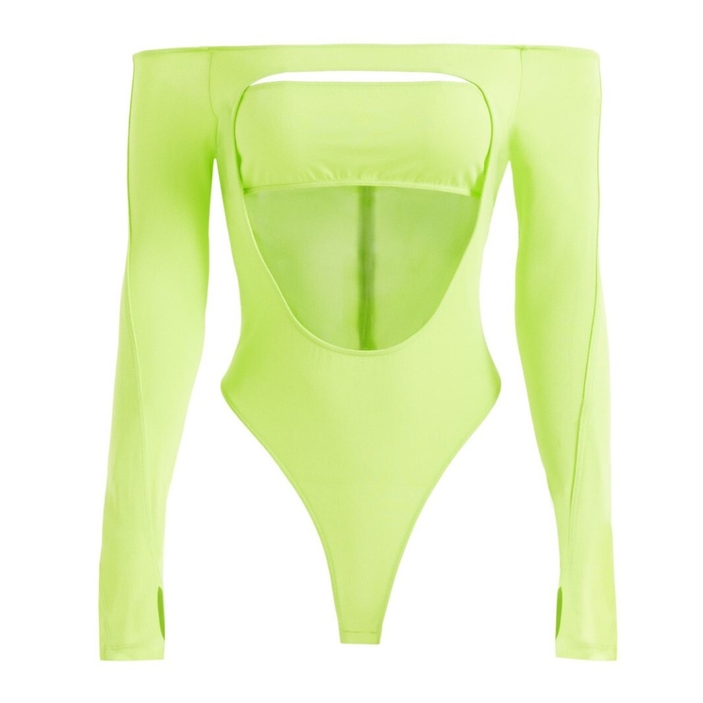 NWT- Mugler H&M Cut Out Acid Neon Green Long Sleeve Bodysuit, Size XXS